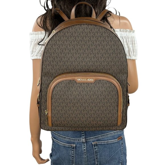 Michael Kors Jaycee Large Zip Pocket Front Backpack MK Signature Brown